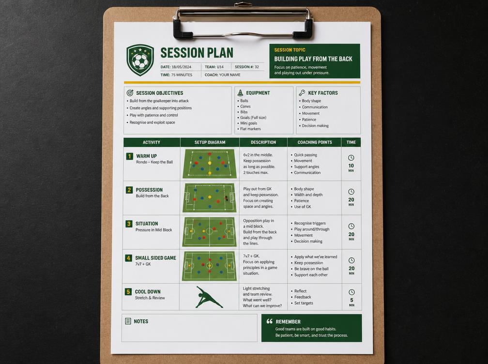 Printed soccer session plan on a clipboard